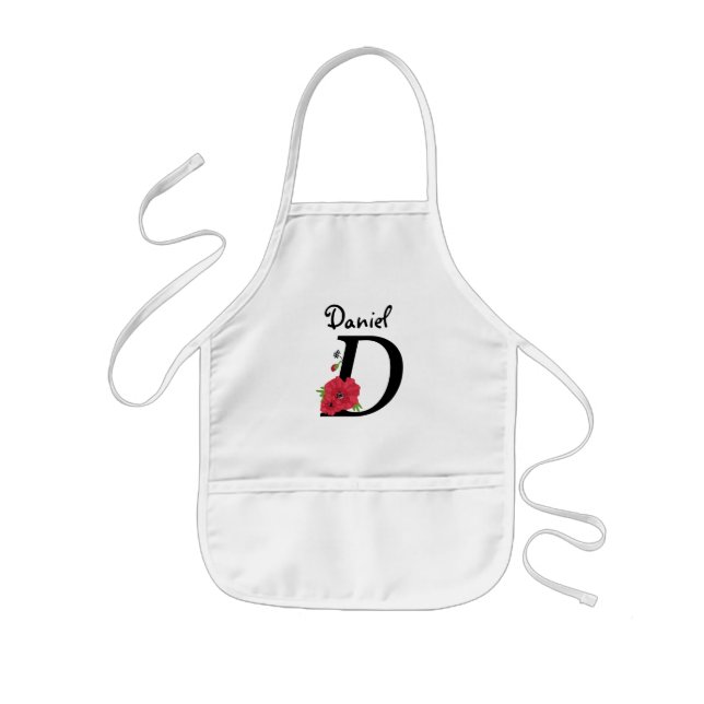 Personalized monogram editable D text red flower Kids Apron (Front)