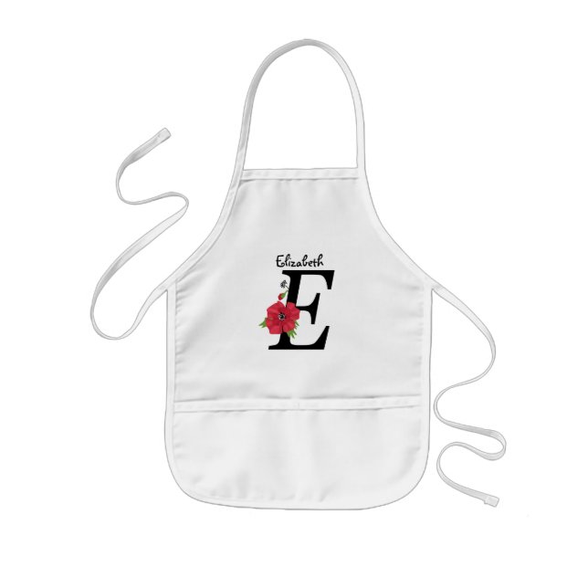 Personalized monogram editable E text red flower f Kids Apron (Front)