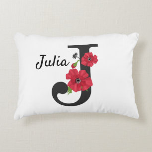 Personalized monogram editable J text red flower Accent Pillow