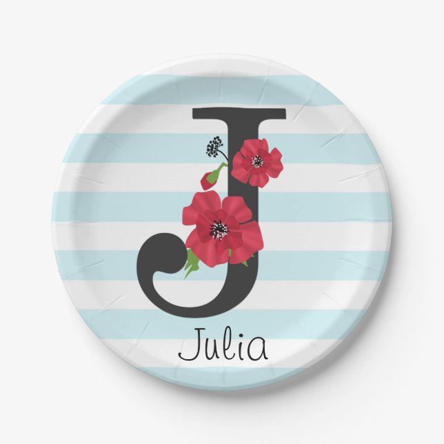 Personalized monogram editable J text red flower f Paper Plate (Front)