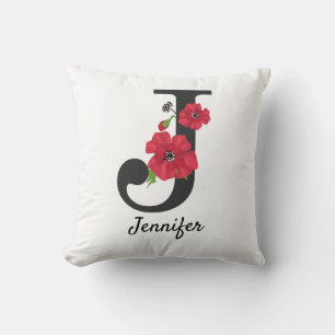 Personalized monogram editable J text red flower f Throw Pillow