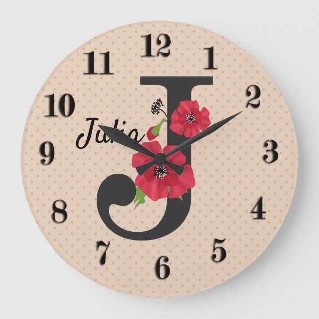 Personalized monogram editable J text red flower Large Clock (Front)