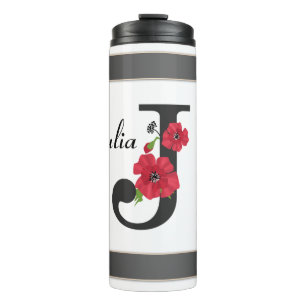 Personalized monogram editable J text red flower Thermal Tumbler