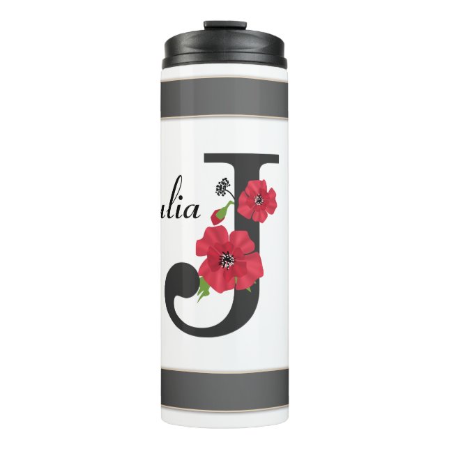 Personalized monogram editable J text red flower Thermal Tumbler (Front)