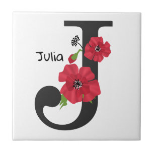 Personalized monogram editable J text red flower Tile