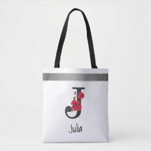 Personalized monogram editable j text red flower tote bag