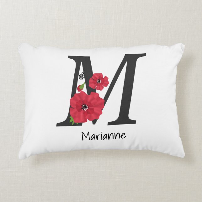 Personalized monogram editable M text red flower f Accent Pillow (Front)