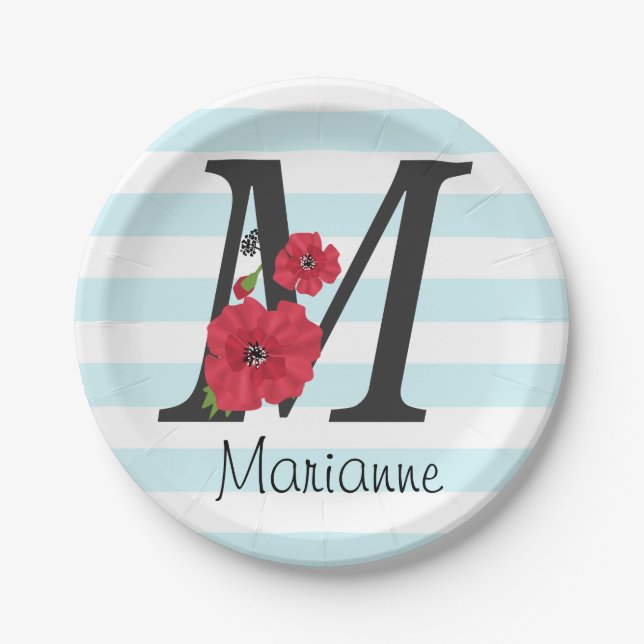 Personalized monogram editable M text red flower f Paper Plate (Front)