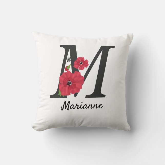 Personalized monogram editable M text red flower f Throw Pillow (Front)
