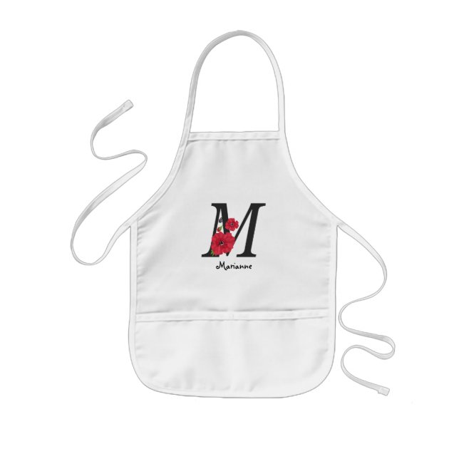 Personalized monogram editable M text red flower Kids Apron (Front)