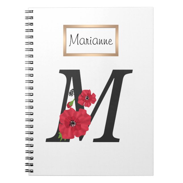 Personalized monogram editable M text red flower Notebook (Front)