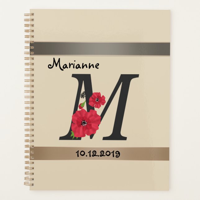 Personalized monogram editable M text red flower Planner (Front)