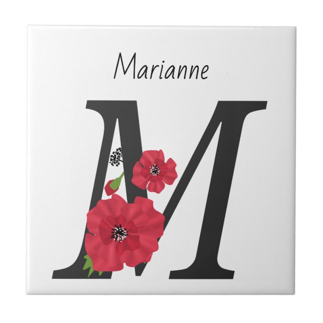 Personalized monogram editable M text red flower Tile (Front)