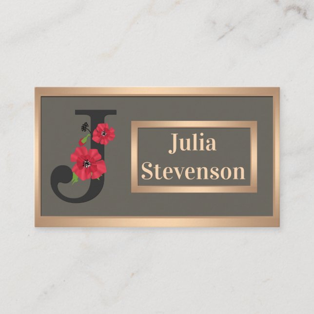 Personalized monogram editable text red flower flo business card (Front)