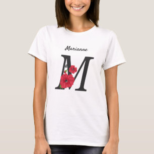 Personalized monogram editable text red flower flo T-Shirt