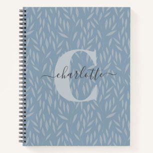 Personalized Monogram Elegant Botanical Blue Leaf Notebook