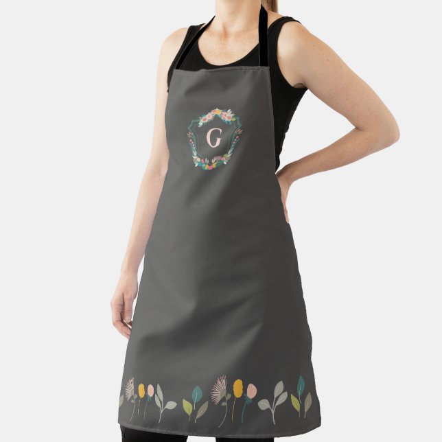 Personalized Monogram Elegant Pink Gray Floral Apron (Insitu)