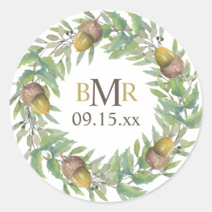 Personalized Monogram Fall Wedding Acorn Wreath Cl Classic Round Sticker