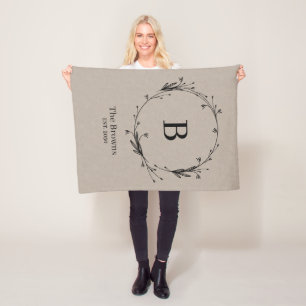Personalized Monogram Family Name Rustic Linen  Fleece Blanket