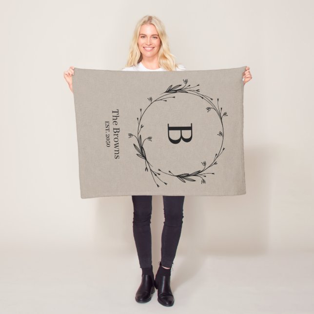Personalized Monogram Family Name Rustic Linen  Fleece Blanket (In Situ)