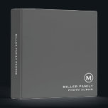 Personalized Monogram Family Photo Album Grey Binder<br><div class="desc">Preserve your cherished family memories in style with this personalized monogram family photo album 3 ring binder. The minimalistic design features a monogram emblem with family name and photo album in classic block typography in the lower right hand corner. The white text pops against the sleek grey background, giving it...</div>