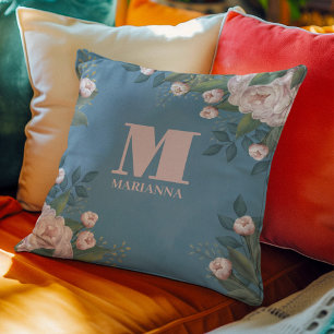 Personalized Monogram Floral Pink Rose Throw Pillow