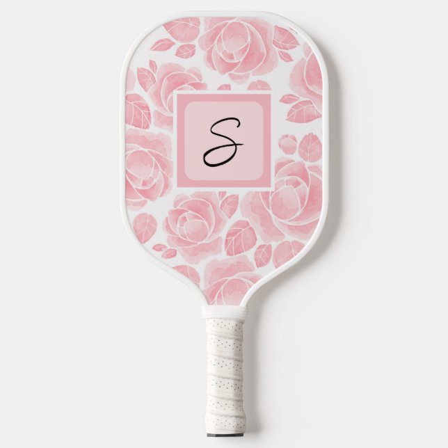Personalized Monogram Floral Rose Pink  Pickleball Paddle (Front)