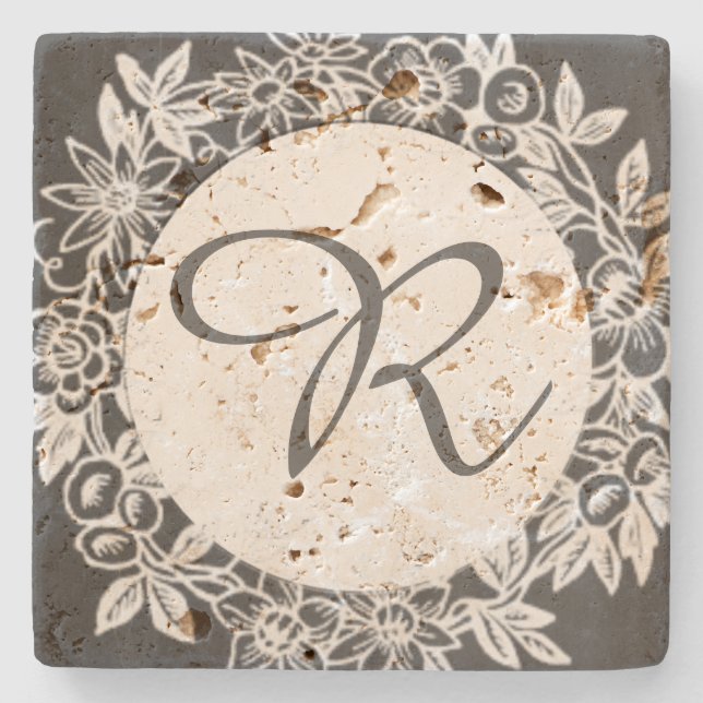 Personalized Monogram Floral Stone Coaster (Front)