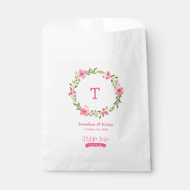 Personalized  Monogram Floral Wreath Wedding Favour Bag (Front)