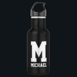 Personalized monogram gift sports water bottle<br><div class="desc">Personalized monogram gift sports water bottle. Black and white Stainless steel metallic colour. Sporty gift idea for coach, players, team mates and sports fans. Modern typography design with custom name, funny quote, slogan or monogram. Create your own unique monogrammed drink bottle. Suitable for men, women and kids / children. Cute...</div>