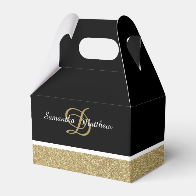 Personalized Monogram Glitter Gold Black Wedding Favor Box (Front Side)
