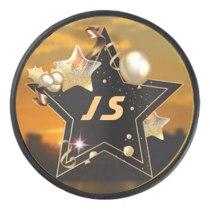 Personalized Monogram Gold Black Metallic Stars Hockey Puck