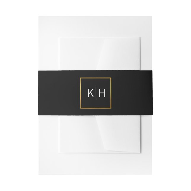 Personalized Monogram Gold Foil Black Wedding Invitation Belly Band (Front Example)