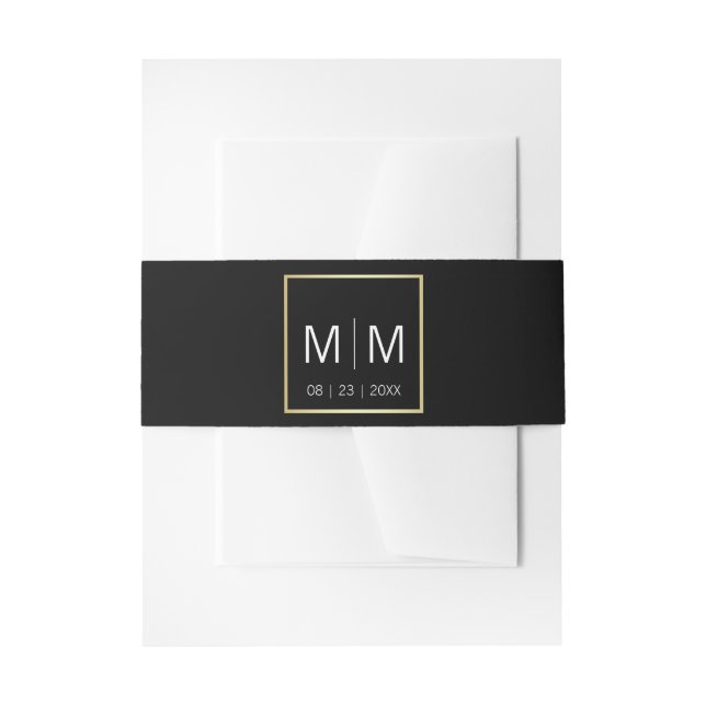Personalized Monogram Gold Frame Black Wedding Invitation Belly Band (Front Example)