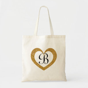Personalized monogram gold glitter heart tote bag