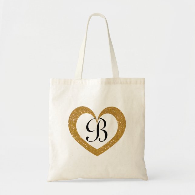 Personalized monogram gold glitter heart tote bag (Front)