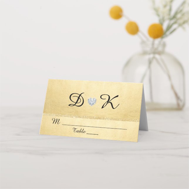 Personalized Monogram Gold Heart Diamond Wedding Place Card (Front)