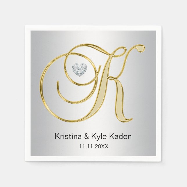 Personalized Monogram Gold Letter K Silver Wedding Napkin (Front)