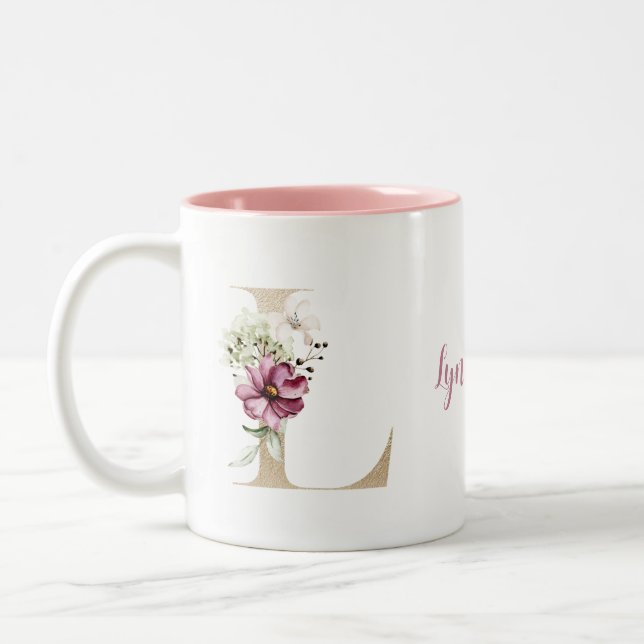 Personalized Monogram Gold Letter L Pink Floral  Two-Tone Coffee Mug (Left)