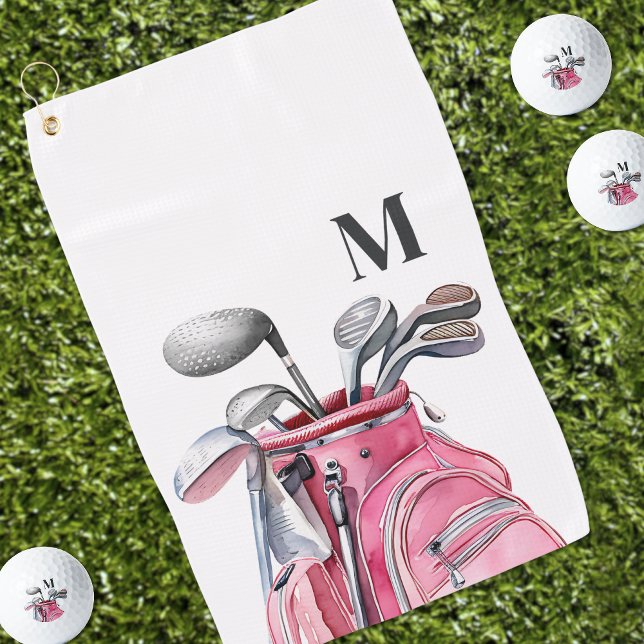 Personalized Monogram Golf Clubs Pink Towel (Pink Watercolor Initial Monogram Golf Towel)