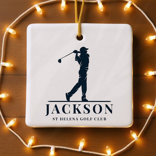 Personalized Monogram Golf Swing Navy Blue White Ceramic Ornament (Creator Uploaded)