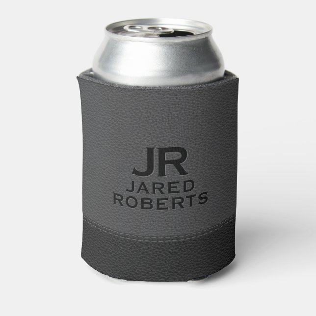 Personalized Monogram Gray & Black Leather Can Cooler (Can Back)
