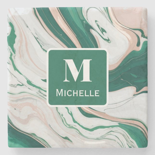 Personalized Monogram Green & Gold Marble Stone Coaster (Front)