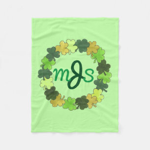 Personalized Monogram Green Irish Shamrock Wreath Fleece Blanket