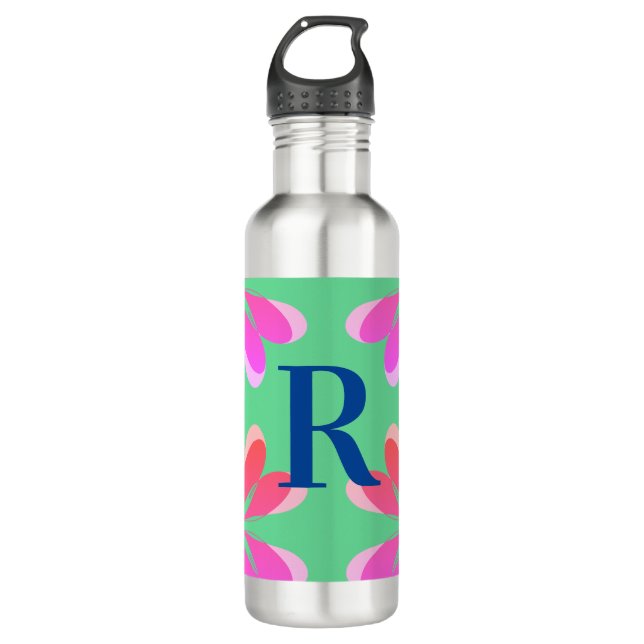 Personalized Monogram Green Pink Retro Floral 710 Ml Water Bottle (Front)