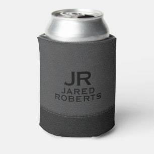 Personalized Monogram Grey & Black Leather Can Cooler