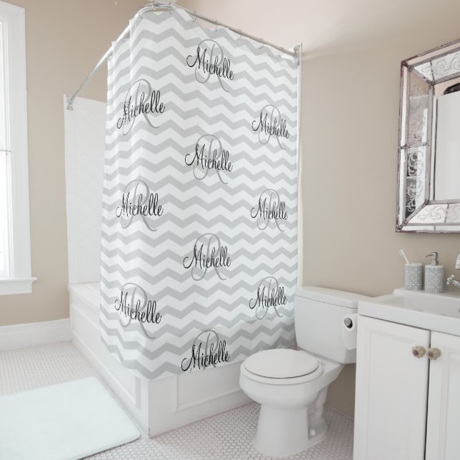 Personalized monogram grey chevron shower curtains (In Situ)