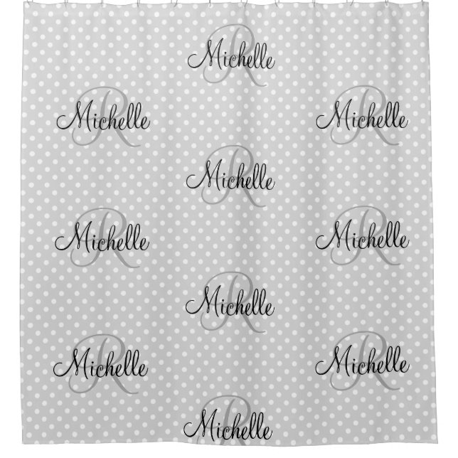 Personalized monogram grey polkadot shower curtain (Front)