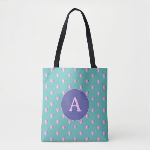 Personalized Monogram Heart Pattern Lilac and Teal Tote Bag