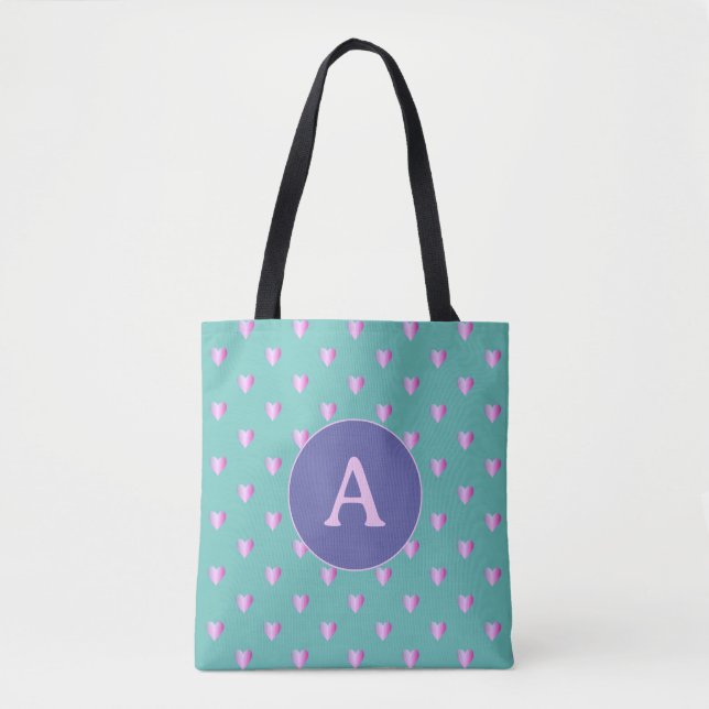 Personalized Monogram Heart Pattern Lilac and Teal Tote Bag (Front)